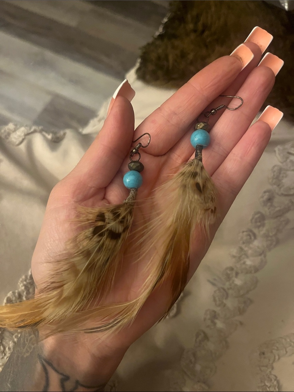 Feather Drop Earrings with Turquoise Bead
